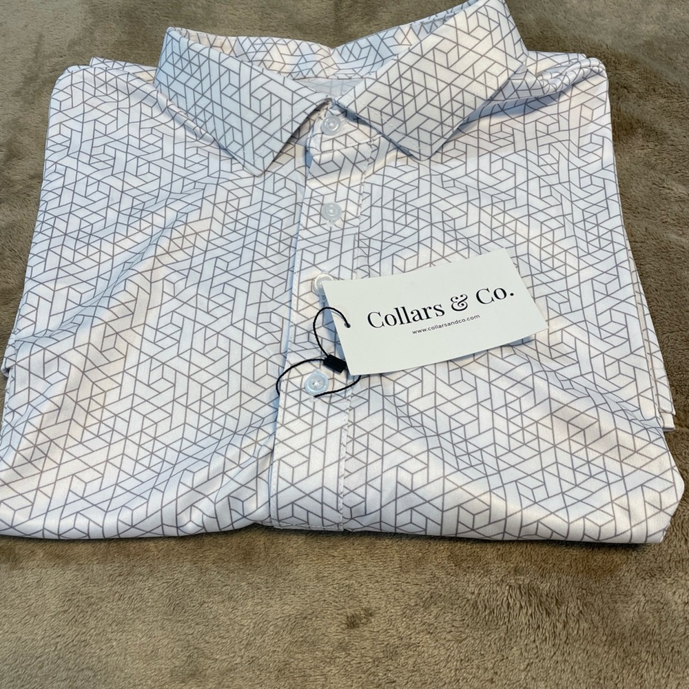 Collars and Co Men's Semi-Spread Collar Polo White And Gray Geo Polo Size 3XL